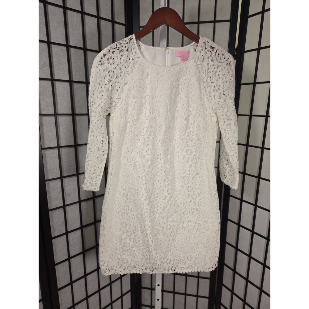 Lilly Pulitzer Bridal White Floral Lace Scalloped Shift Dress‎ Size 4 Women